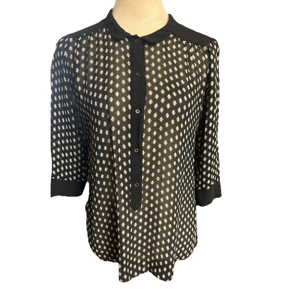 Wilfred 100% Silk Womens Small Black  Abstract Sheer 3/4 Sleeves Popover Top